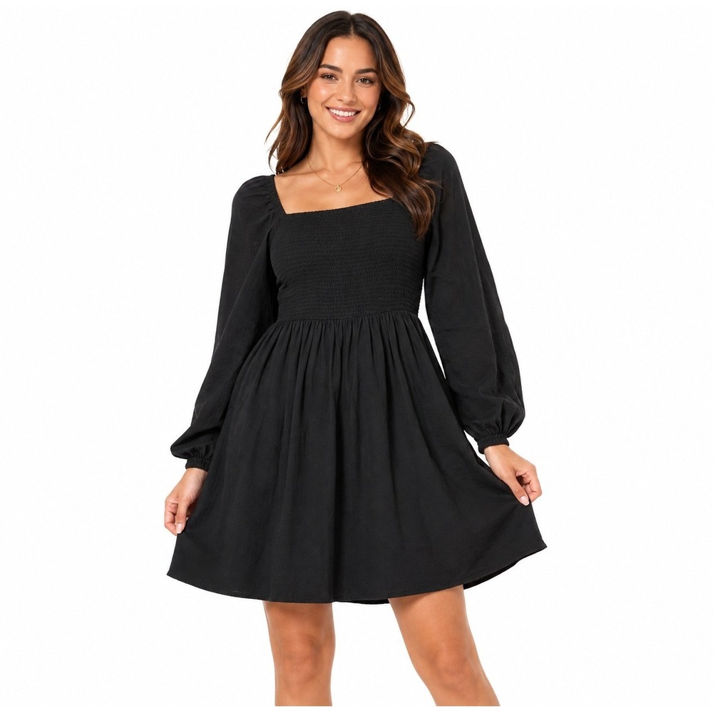 Old Navy Black Smocked Square Neck Long Sleeve Mini Dress Medium Fit Flare